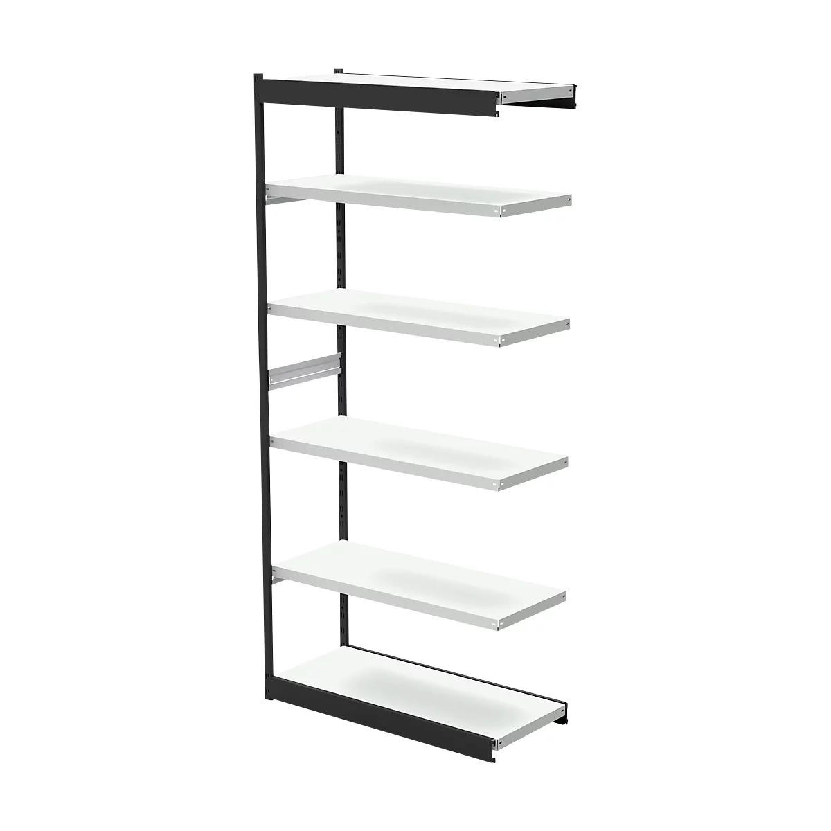 A black wall-mounted shelf with five white shelves. Vertical supports and horizontal bars connect the shelves.
