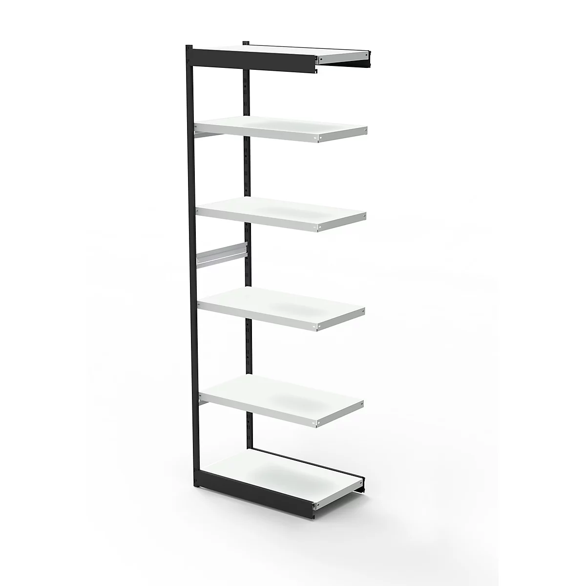A freestanding wall shelf with five white shelves and a black metal frame.