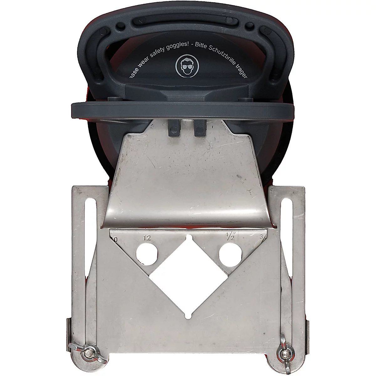 Vue détaillée d'une meuleuse. Poignée grise en haut avec texte et symbole de lunettes de sécurité. Support métallique en bas.