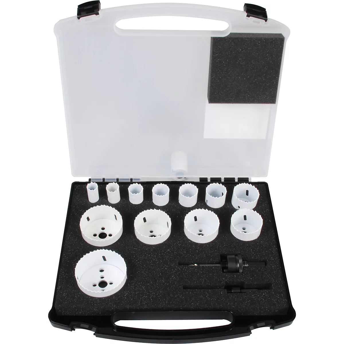 A set of hole saws in a black case, which is open. The saws are white, the case has a transparent lid.