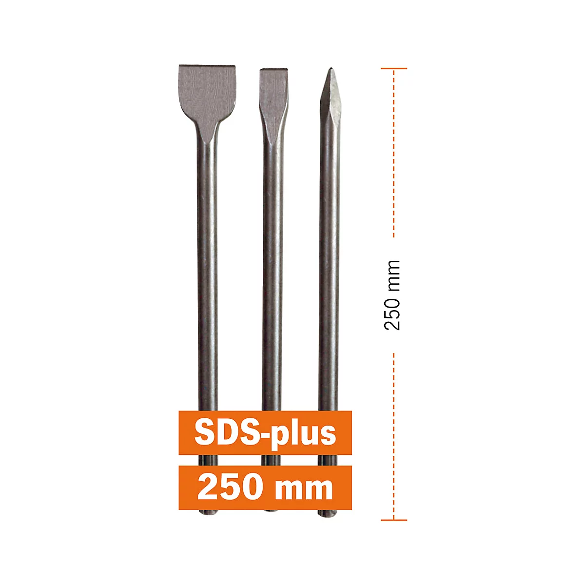 Drie beitels met verschillende punten. Daarnaast een schaal die de lengte van 250 mm aangeeft. Op een oranje bord staat "SDS-plus 250 mm".
