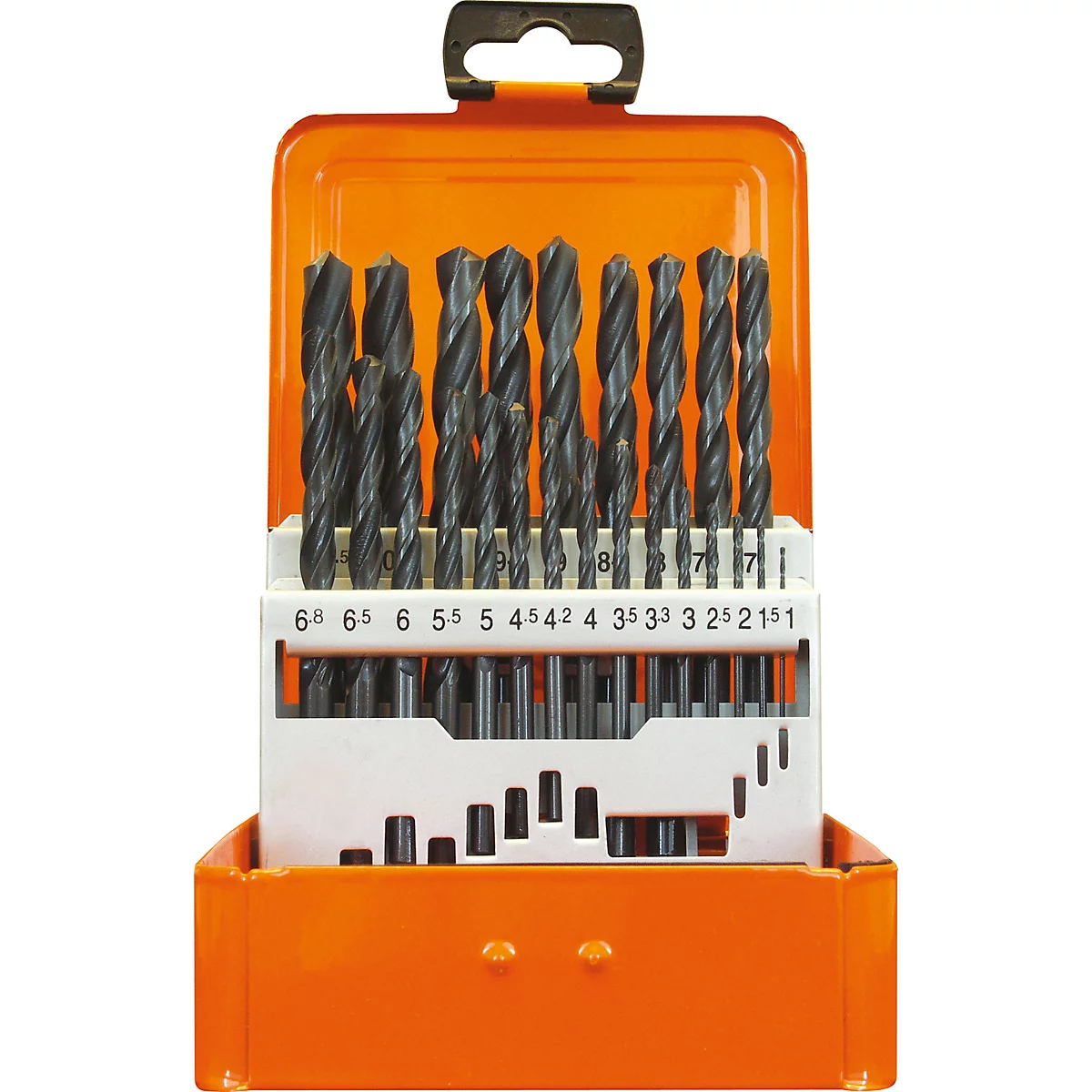 Bohrer-Set in orangefarbener Box. Bohrer sind in einem weißen Einsatz mit Größenangaben angeordnet.
