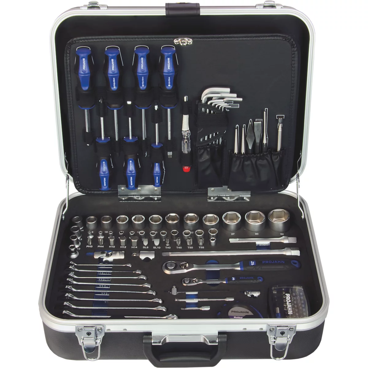 Mallette à outils avec tournevis, douilles et autres outils. Ouvert, outils disposés clairement.