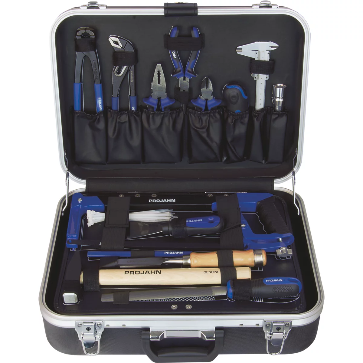 Une boîte à outils ouverte avec divers outils tels que des pinces, des pinces et un marteau, sur fond noir.