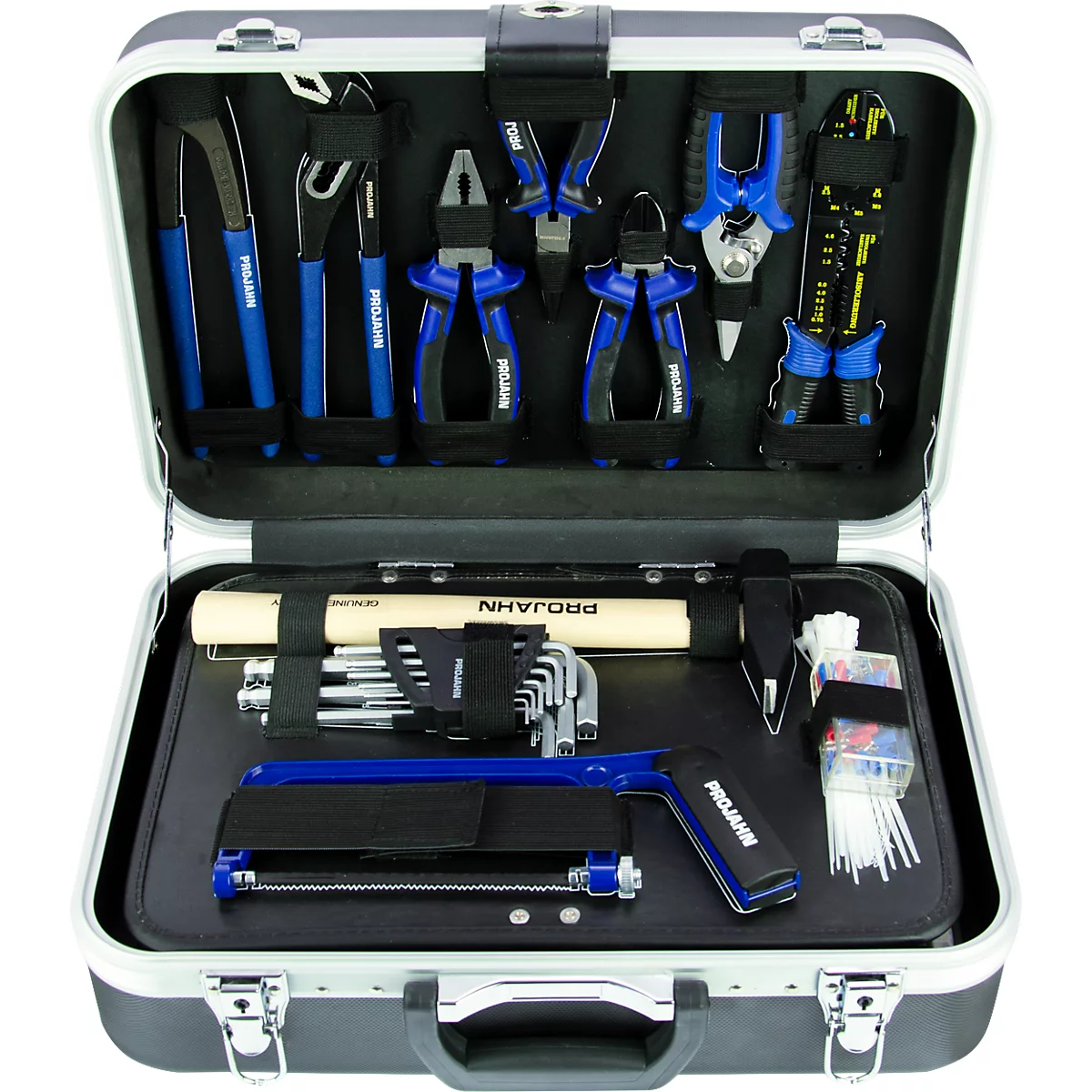 Mallette à outils avec divers outils. Poignées bleues et boîtier argenté.