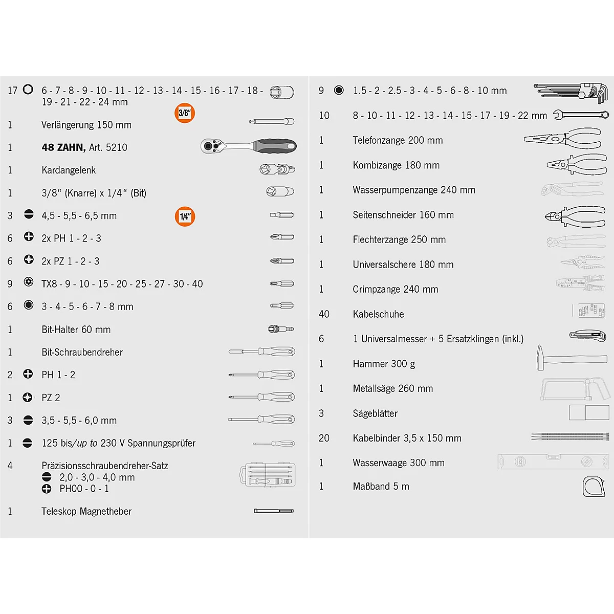 Liste de pièces d'outils, comprenant des clés, des pinces et des tournevis. Des illustrations sont à droite.