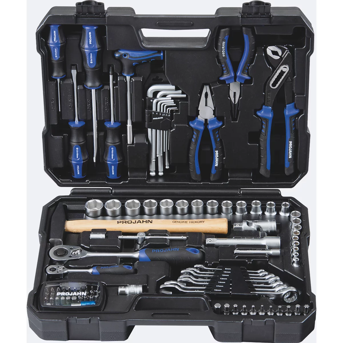 Mallette à outils noire avec divers outils bleus et argentés, ouverte.