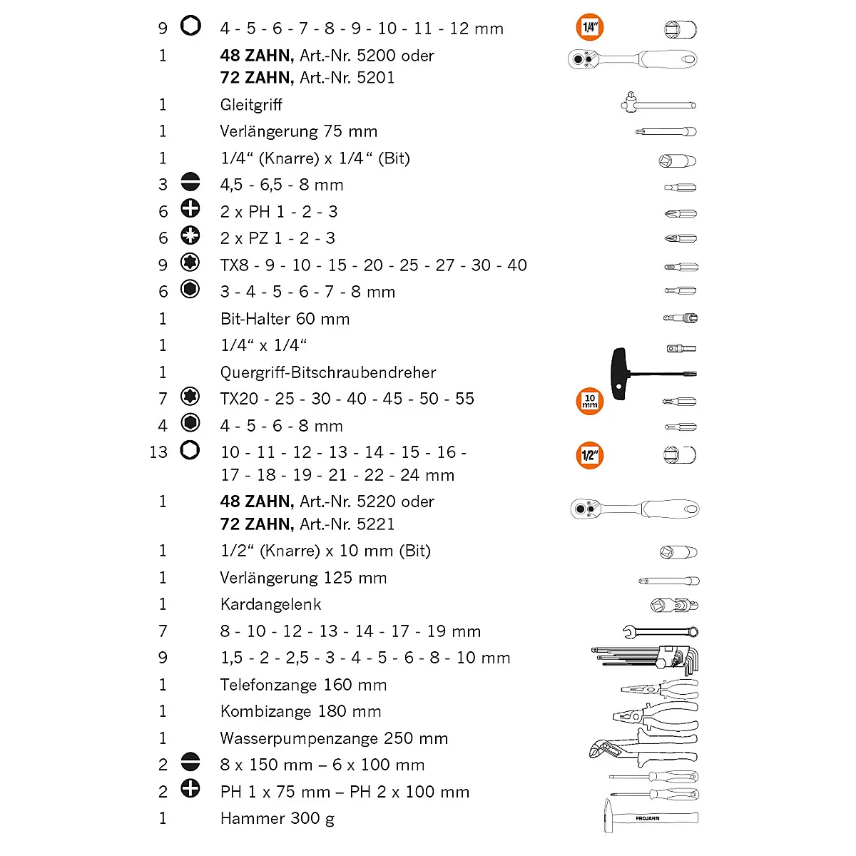Liste de pièces d'outils, comprenant des clés, des rallonges et des pinces, ainsi que leurs dimensions et spécifications.