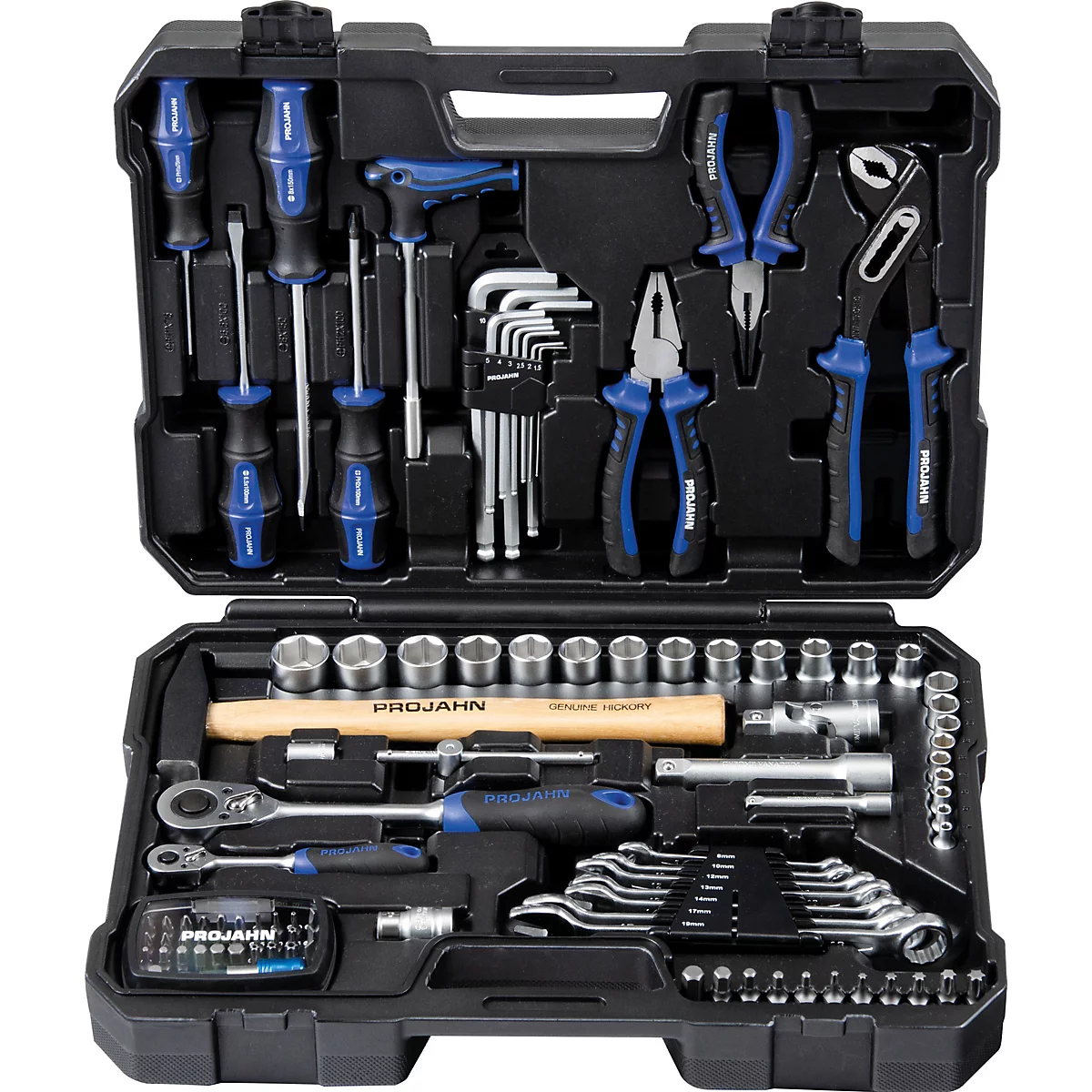 Boîte à outils noire avec des outils bleus et argentés : tournevis, pinces, clés et plus encore.