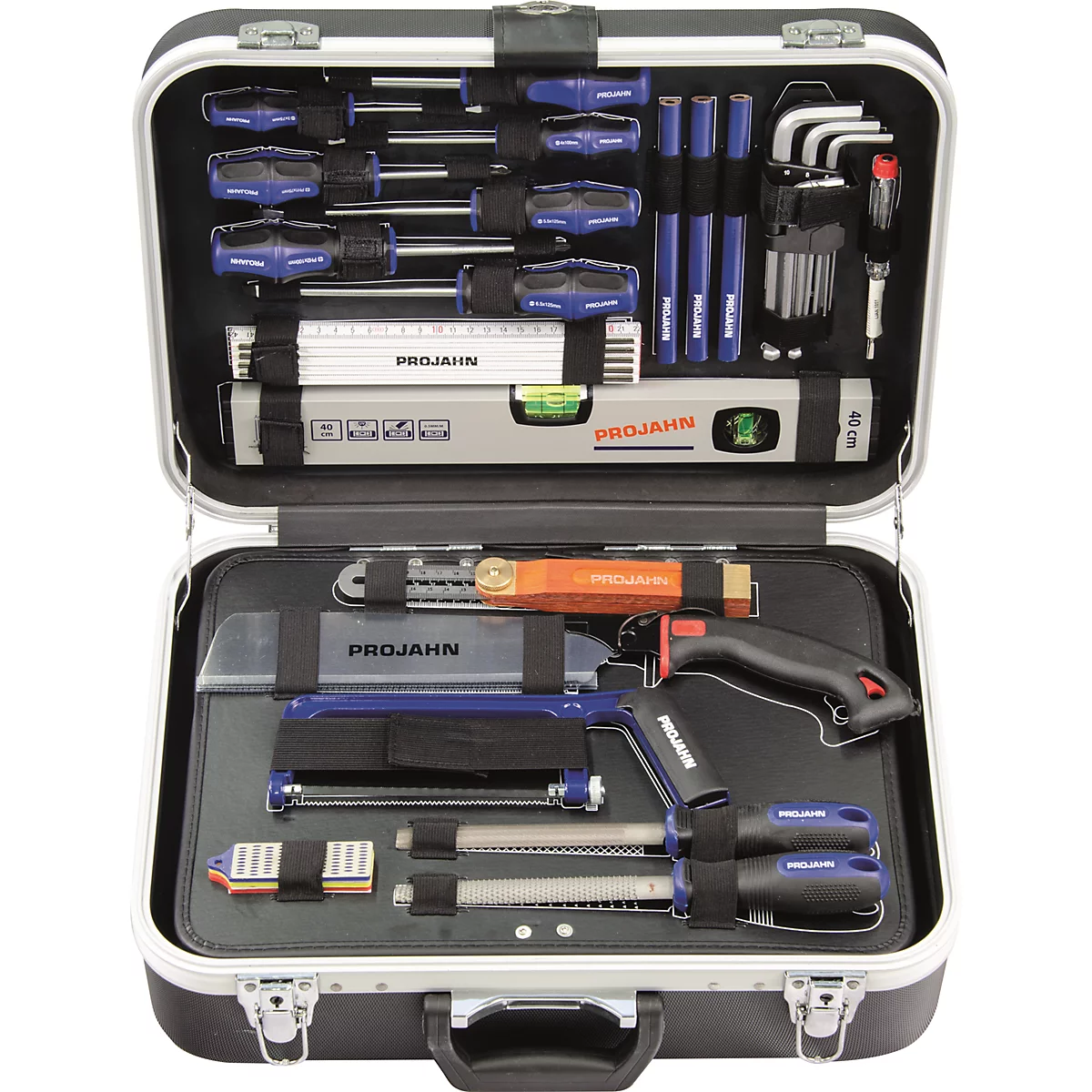 Mallette à outils avec divers outils à main, tels que tournevis, niveau à bulle et scies.