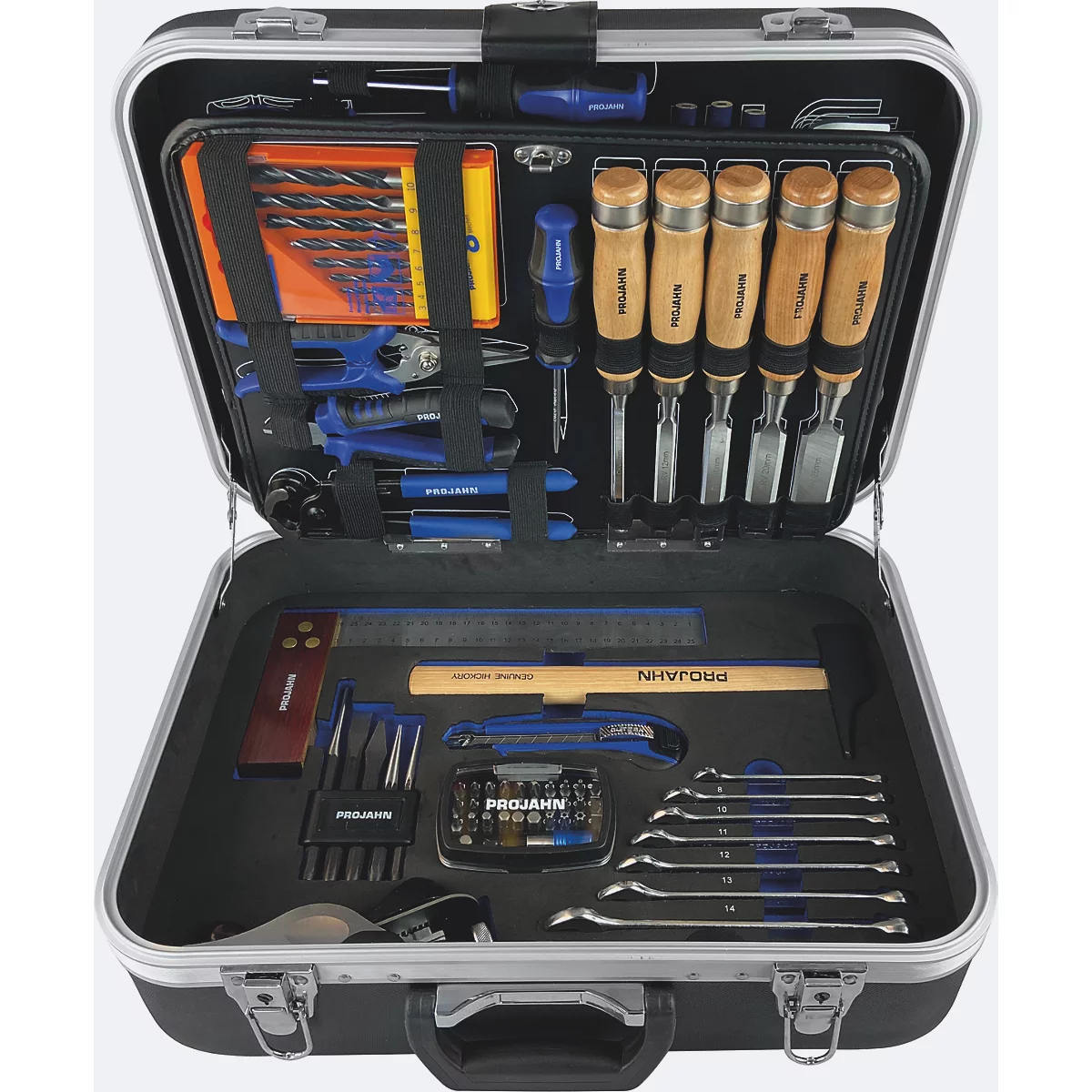 Boîte à outils ouverte avec divers outils : forets, tournevis, clés et ciseaux.