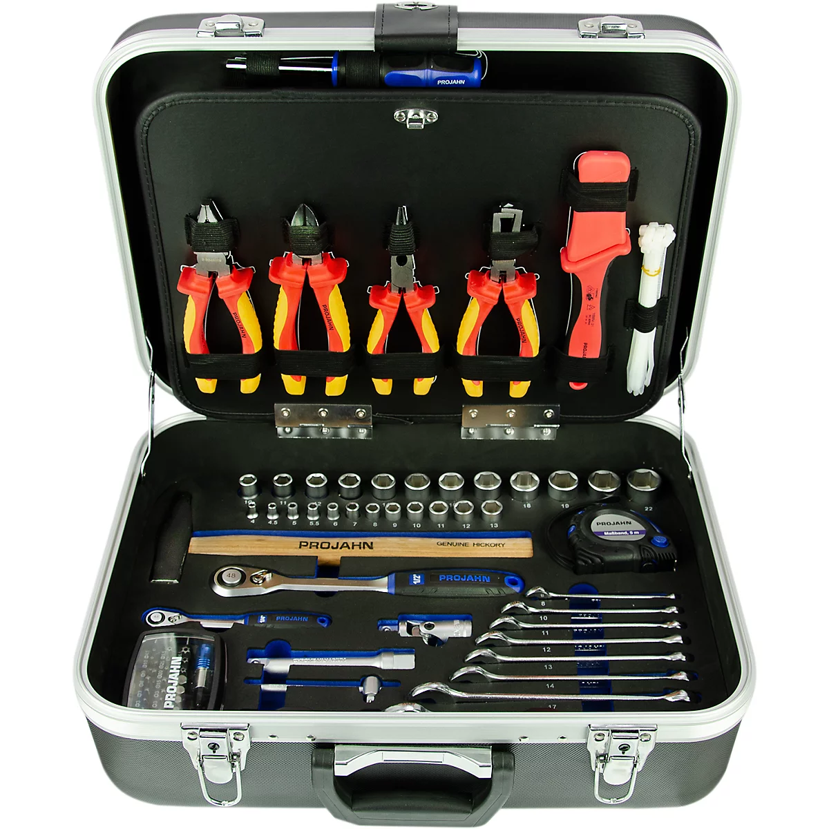 Mallette à outils ouverte avec divers outils : pinces, clés, jeu de douilles, marteau et plus encore.