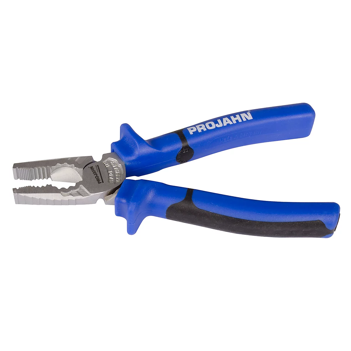 Blauw-zilveren platte tang, open. Blauwe handgrepen met de PROJAHN-letters.