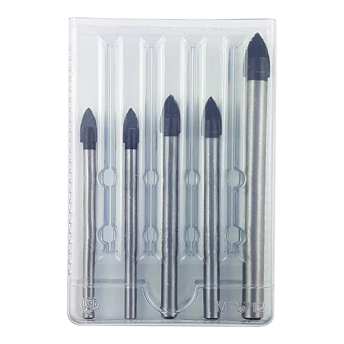 Cinq forets à verre dans un emballage plastique transparent. Chaque pointe de foret est noire et conique.