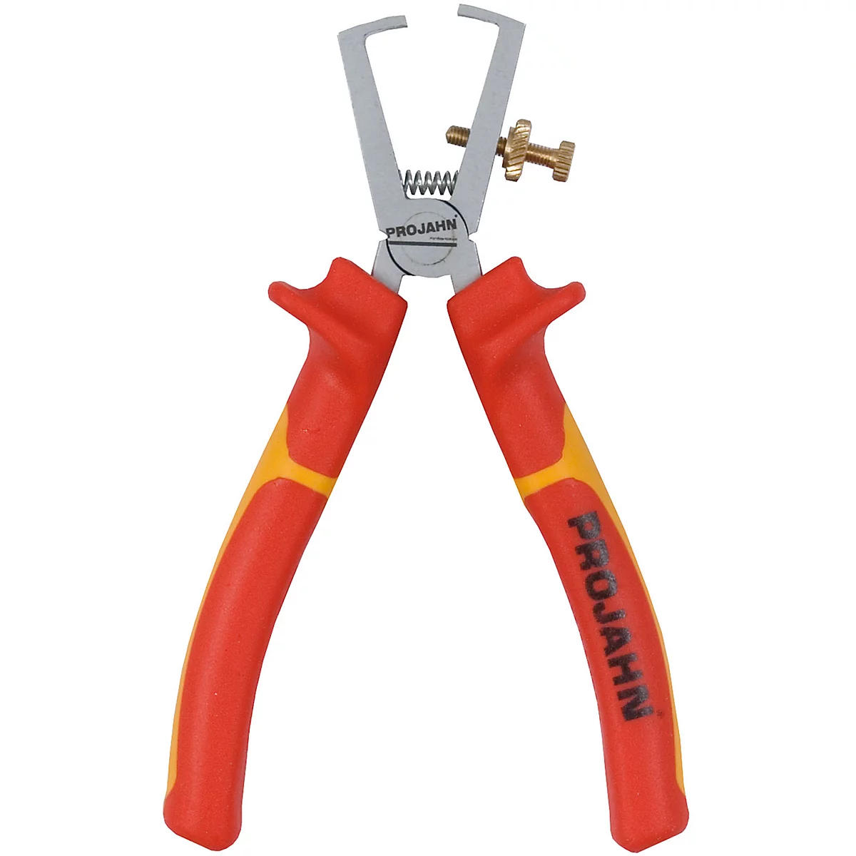 Close-up van een rood-gele draadstripper met zilveren tangkoppen. "PROJAHN" staat op de handvatten.