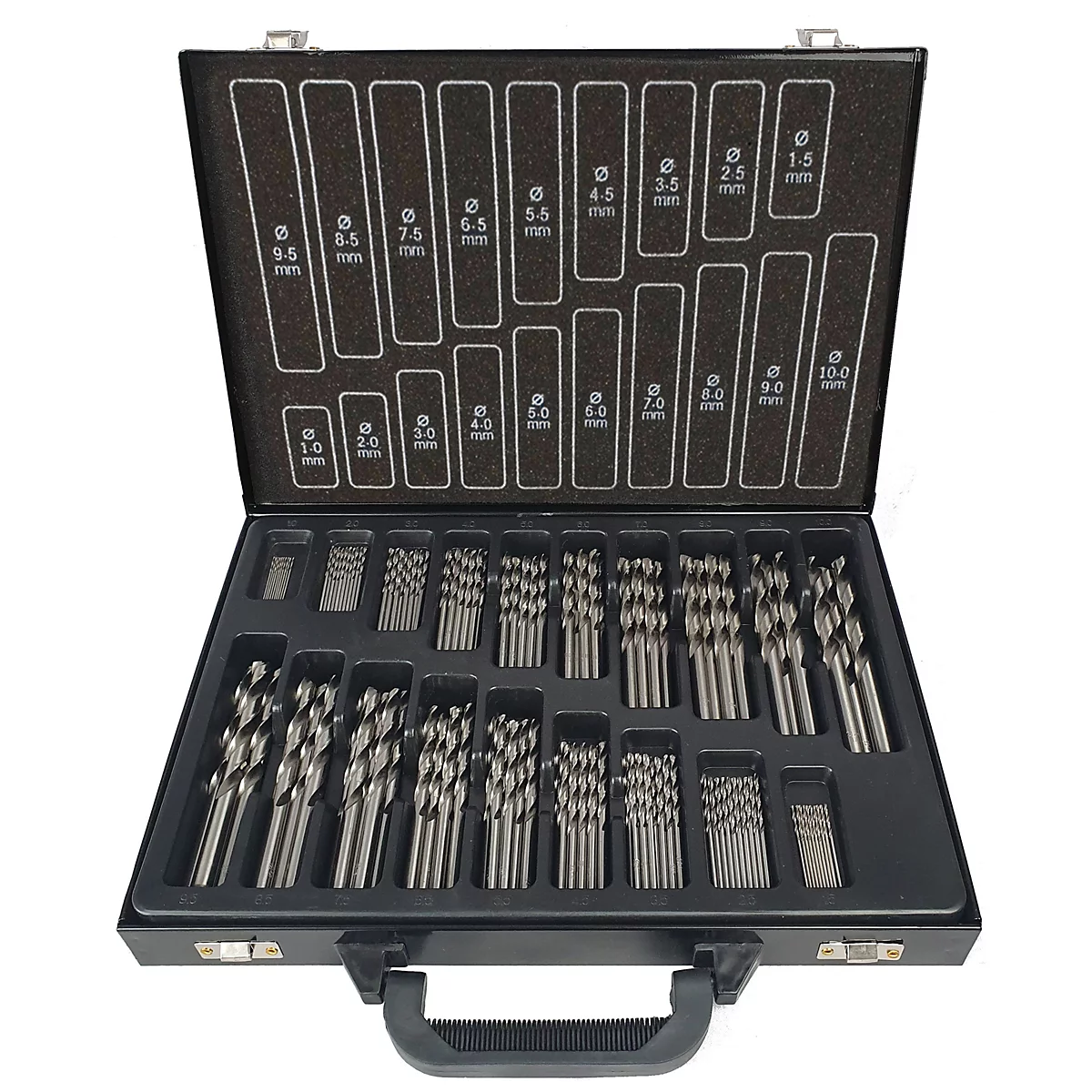 Zwarte gereedschapskist met meerdere boorbits in verschillende maten. Het deksel toont de boormaten in mm.