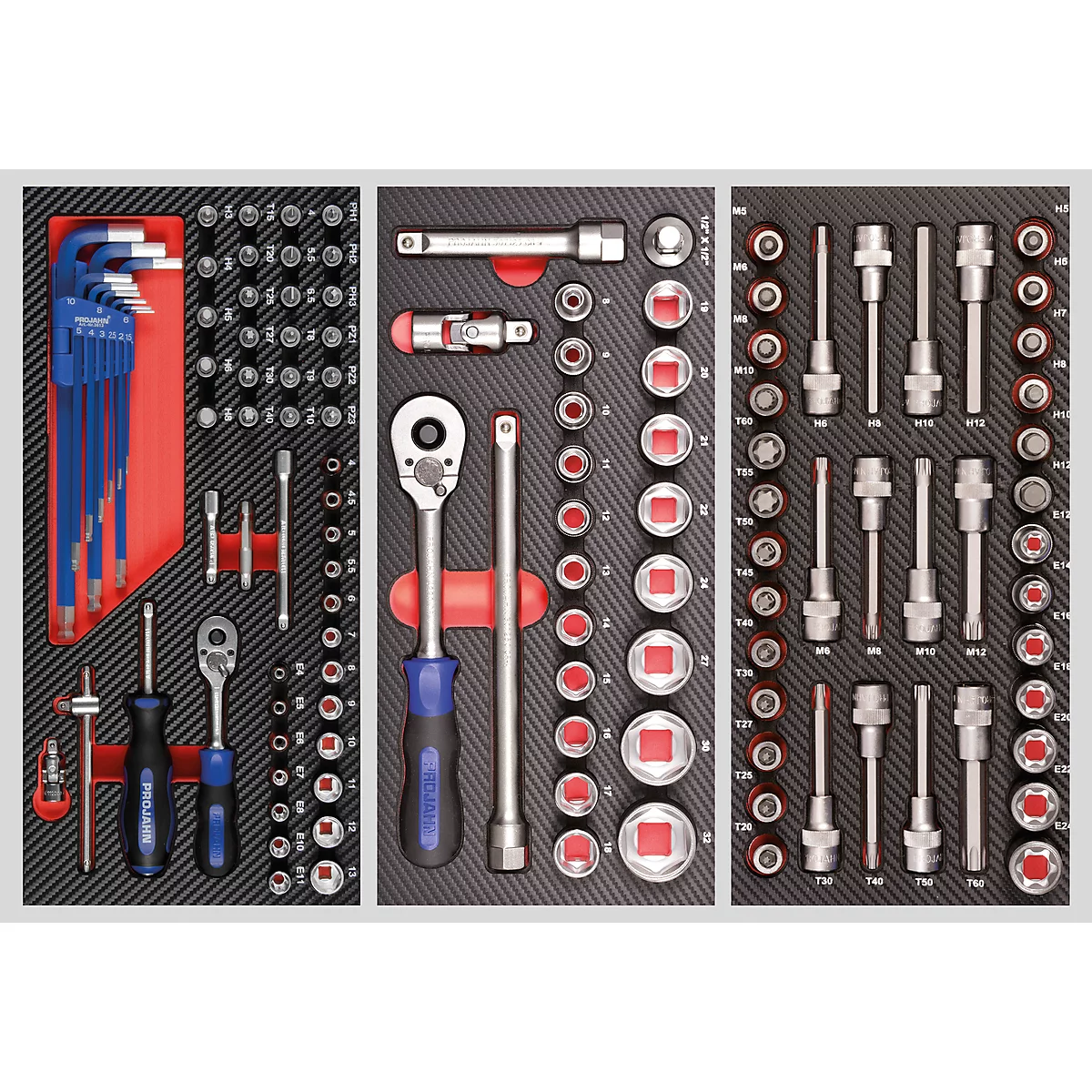 Toolbox with various wrenches and bits, neatly arranged.