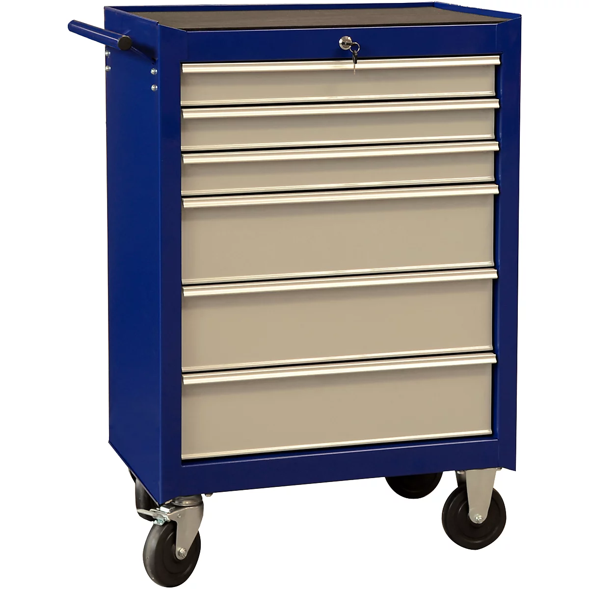 Blue and gray tool cabinet with drawers. It has wheels and a handle.
