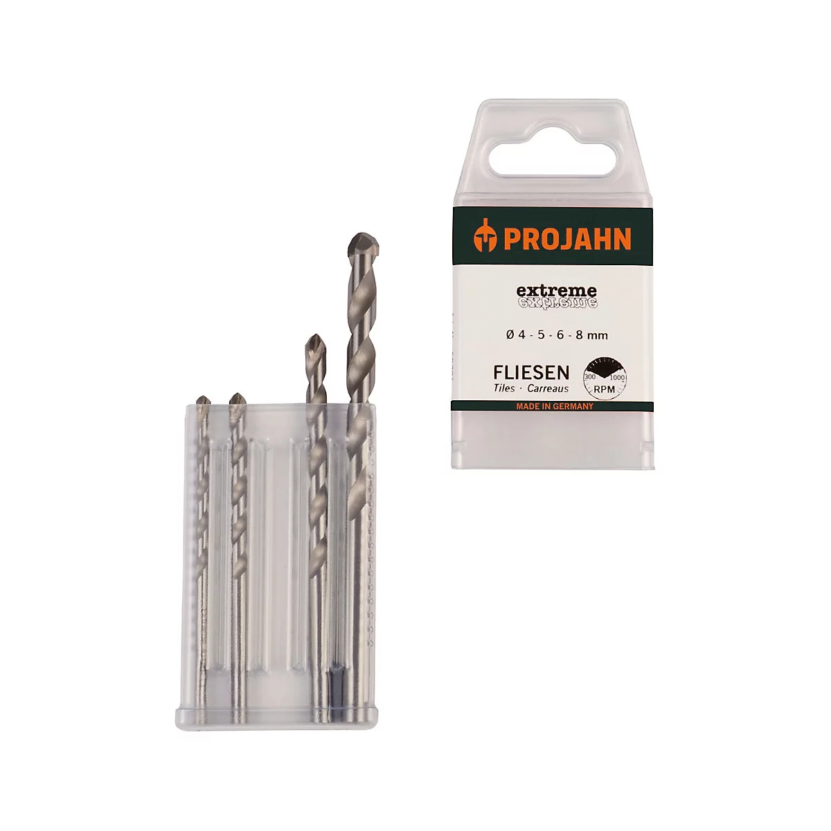 Meerdere tegelsboren in plastic verpakking met een label met productinformatie.