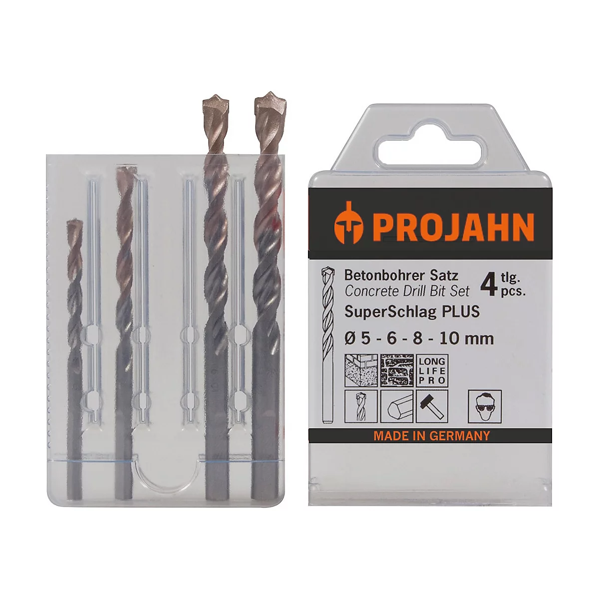 Un jeu de mèches à béton dans un emballage plastique. A côté des mèches se trouve l'emballage du produit avec le logo et le nom du produit.