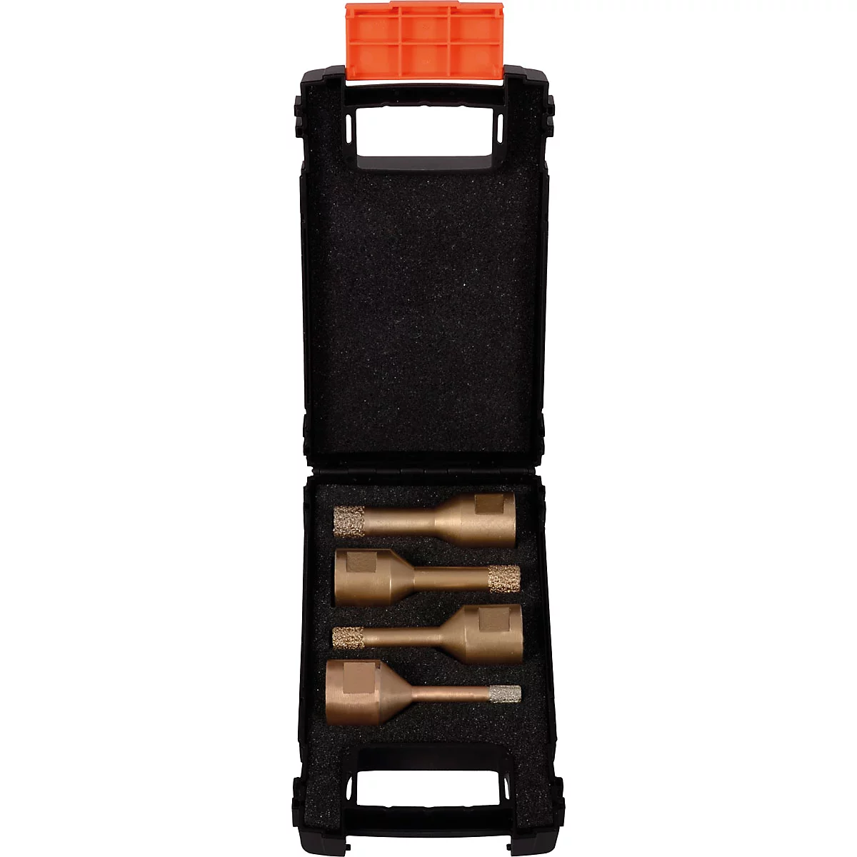 Mallette à outils noire avec couvercle ouvert. À l'intérieur, quatre embouts de perçage dorés.