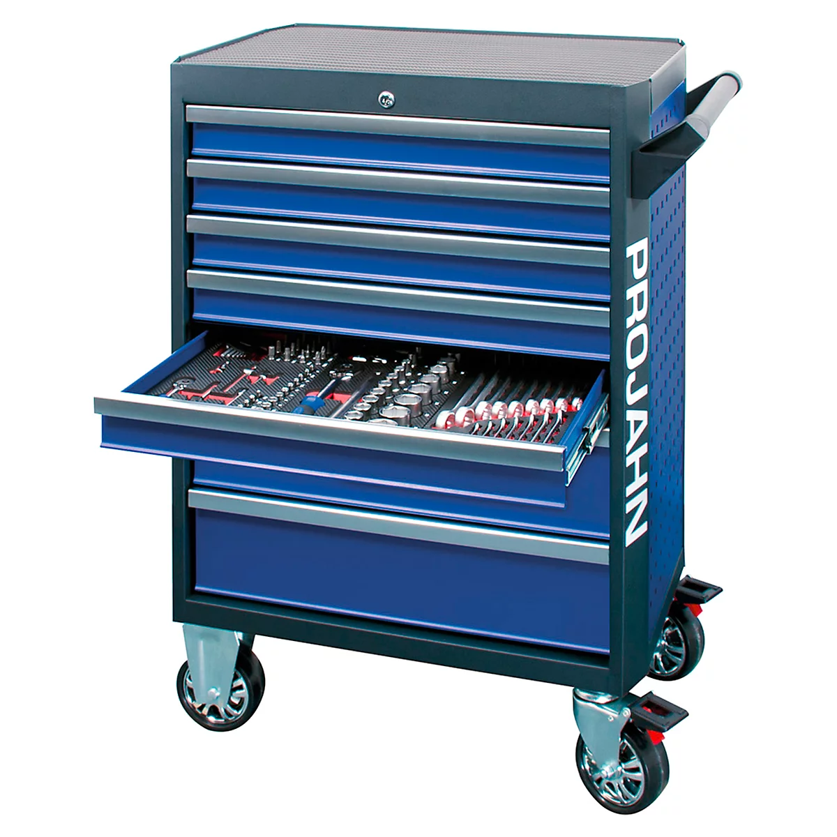Blue tool chest with an open drawer. Tools are inside. The word "PROJAHN" is on the side. The chest is on wheels.