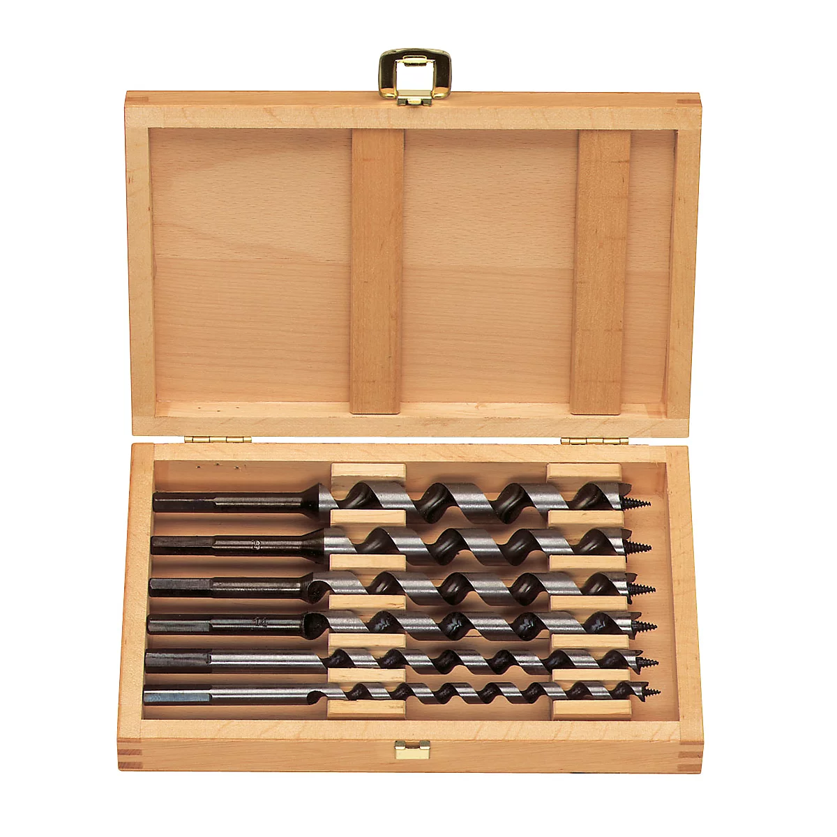 Houten kist met houtboren, open. De boren zijn van metaal, de kist is van hout. Een gouden sluiting.