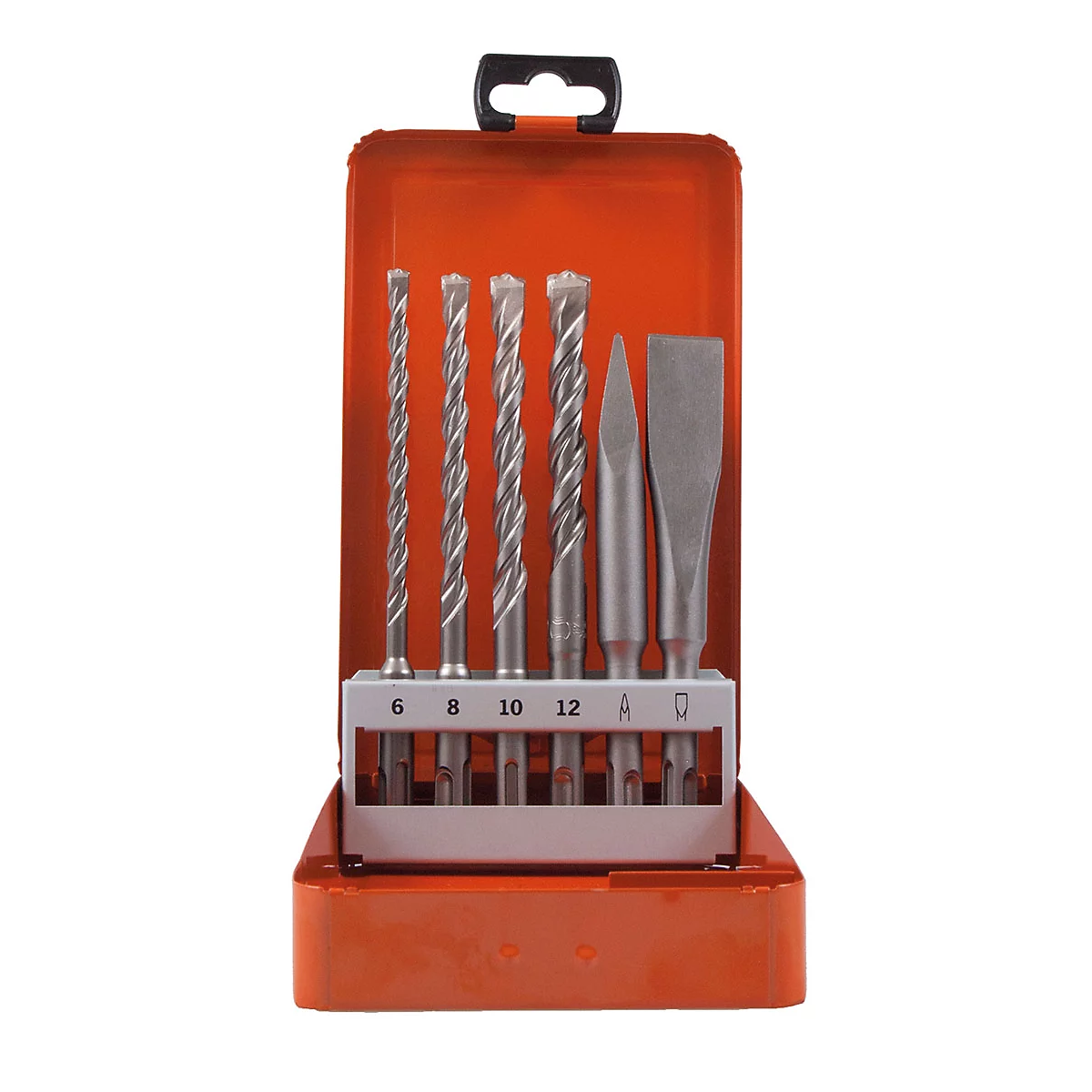 Bohrer-Set in orangefarbener Box. Enthält verschiedene Bohrer und Meißel. Aufgedruckte Zahlen kennzeichnen die Größen.