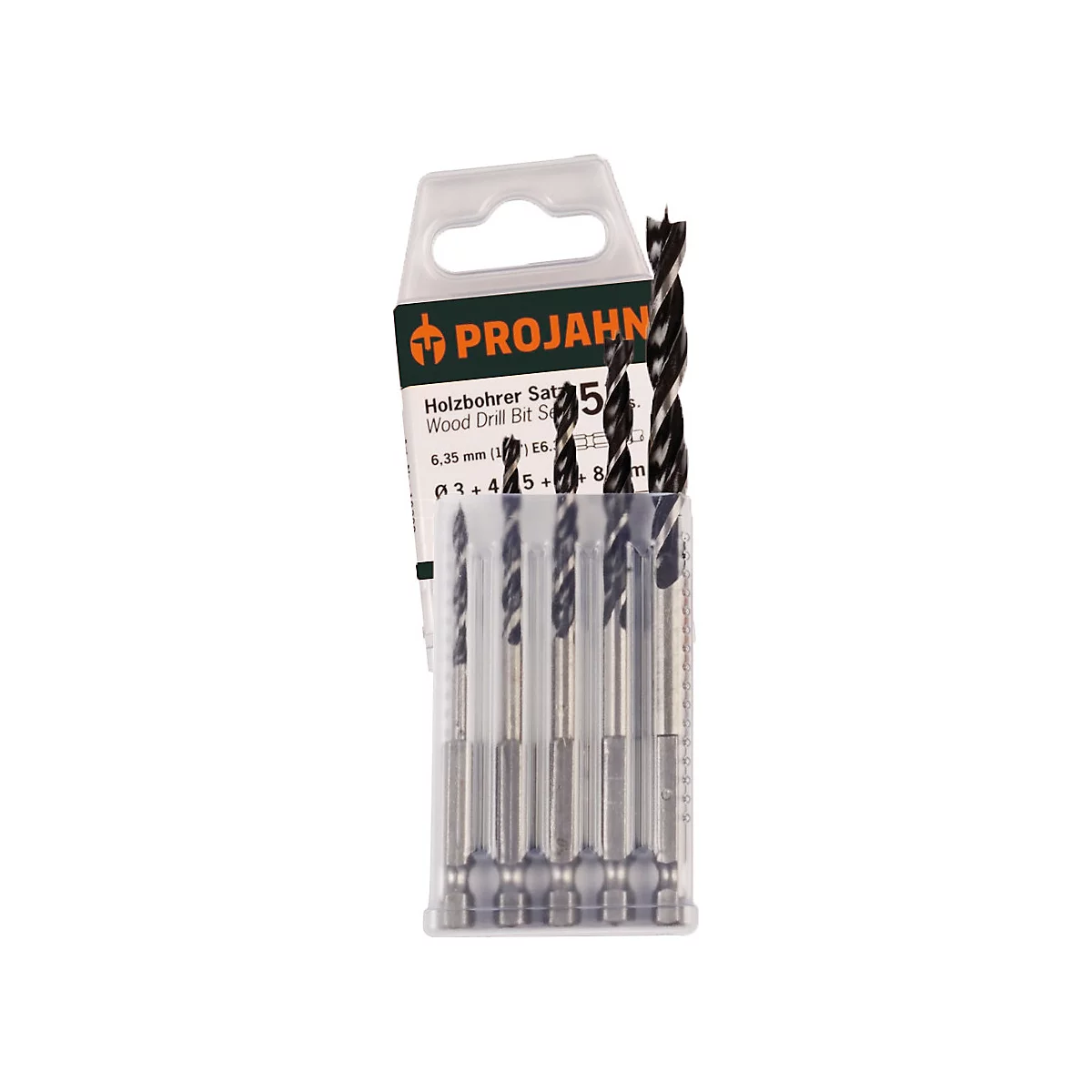 Holzbohrer-Set in transparenter Plastikverpackung. Schwarze Bohrer mit silbernen Schäften, PROJAHN-Logo und Produktnamen.