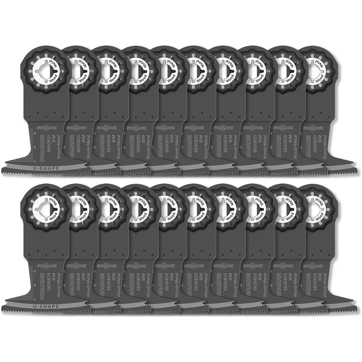 Meerdere zaagbladen, grijs en zwart, gerangschikt in twee rijen.