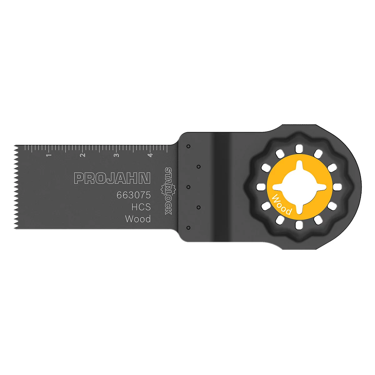 Een zwart zaagblad voor hout. Voorzien van een meetschaal en het opschrift PROJAHN.