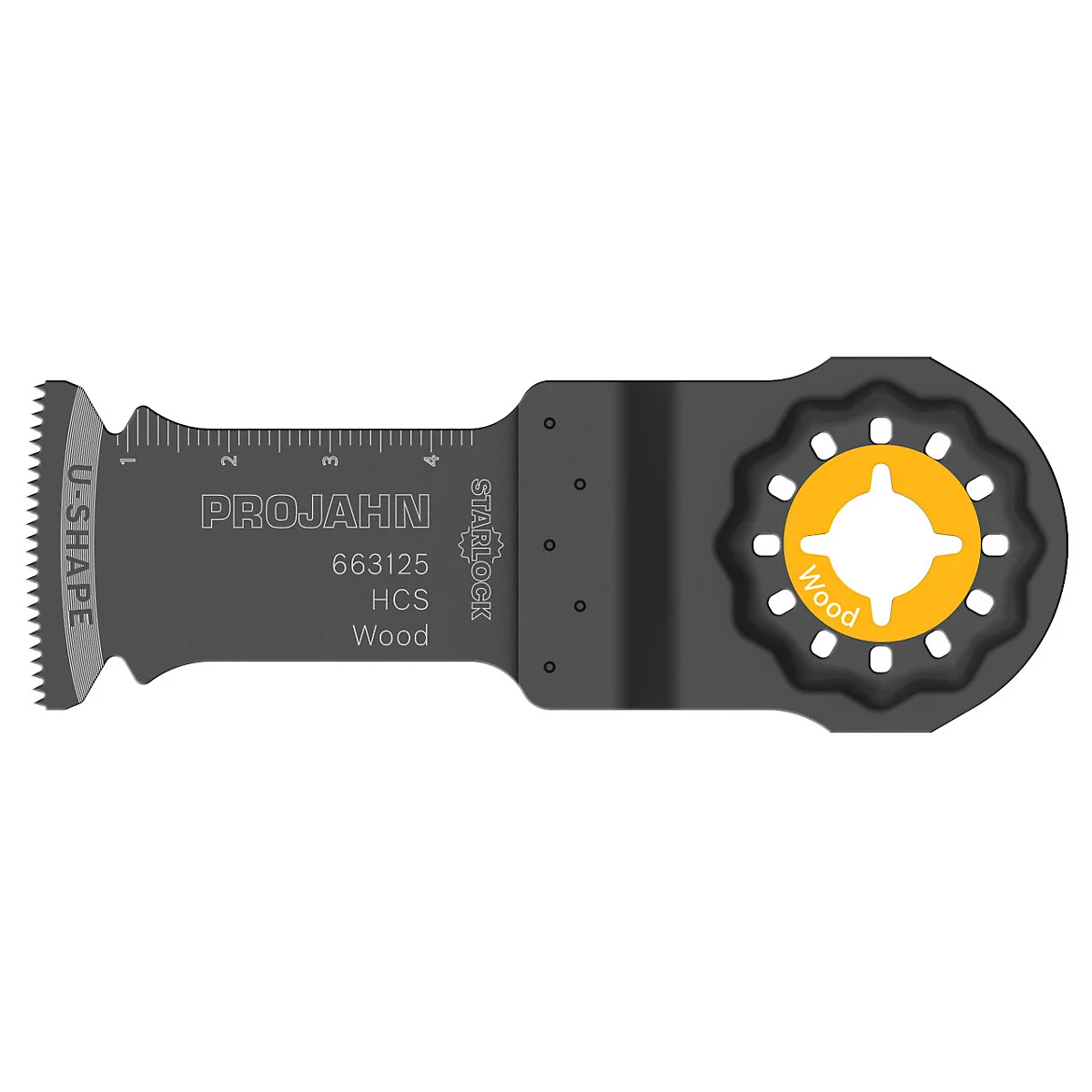 Zaagblad voor hout, grijs met gele accenten en belettering.