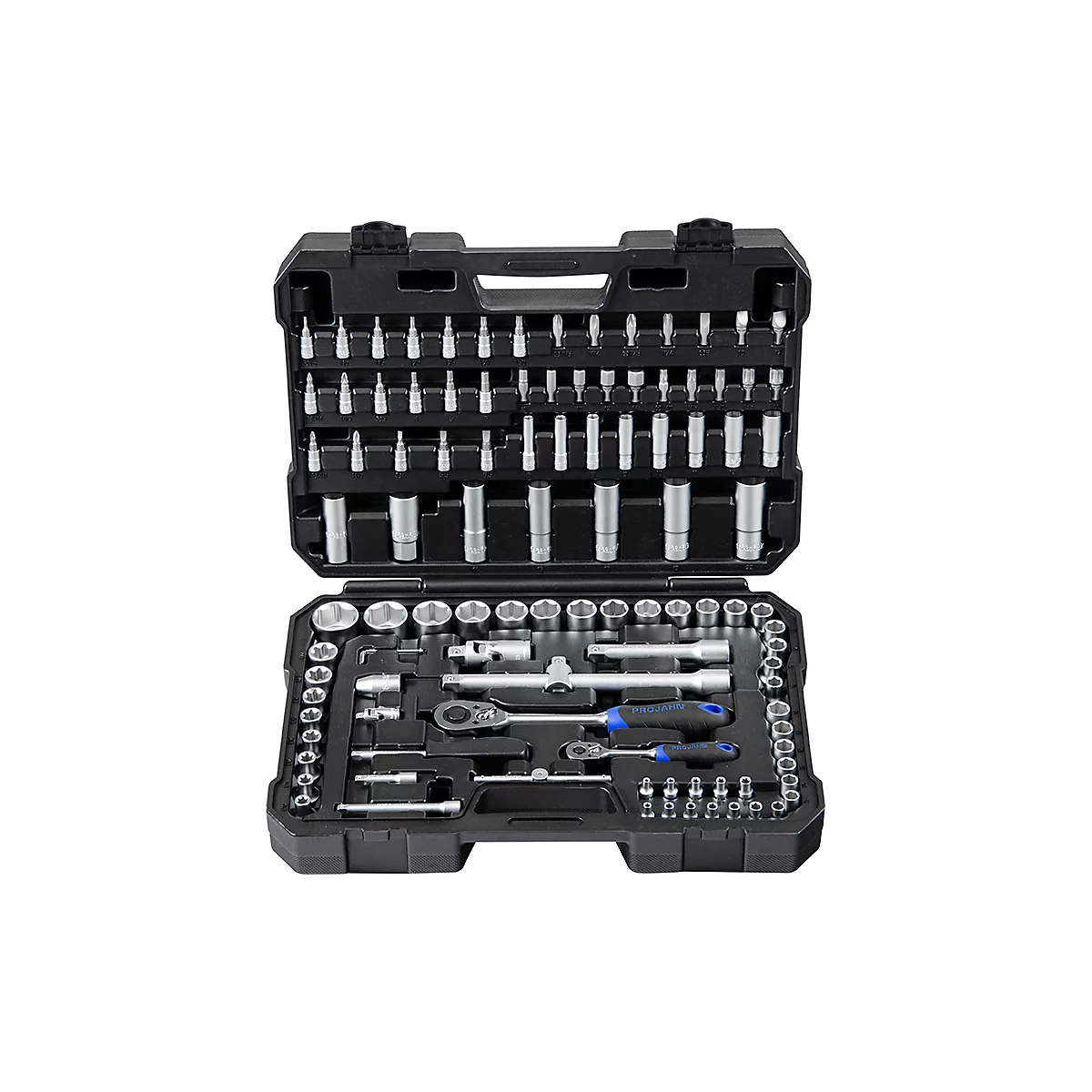 Mallette à outils noire avec diverses clés et embouts.