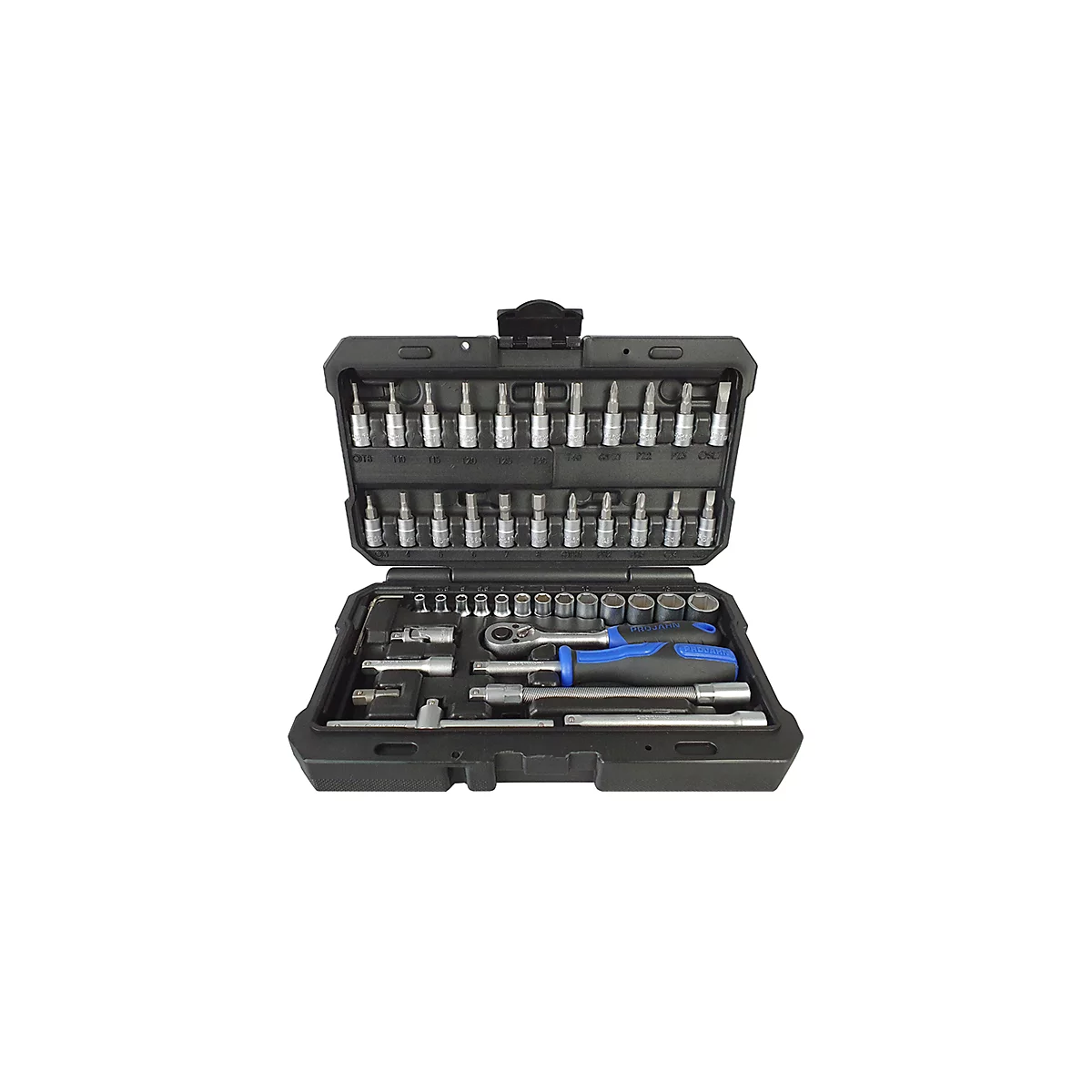 Boîte à outils noire contenant des clés, des embouts et des extensions.