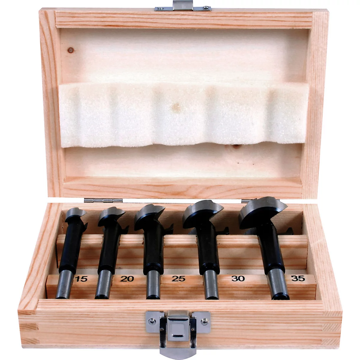 Boîte en bois avec six mèches Forstner de différentes tailles. Marquages numériques de 15 à 35.