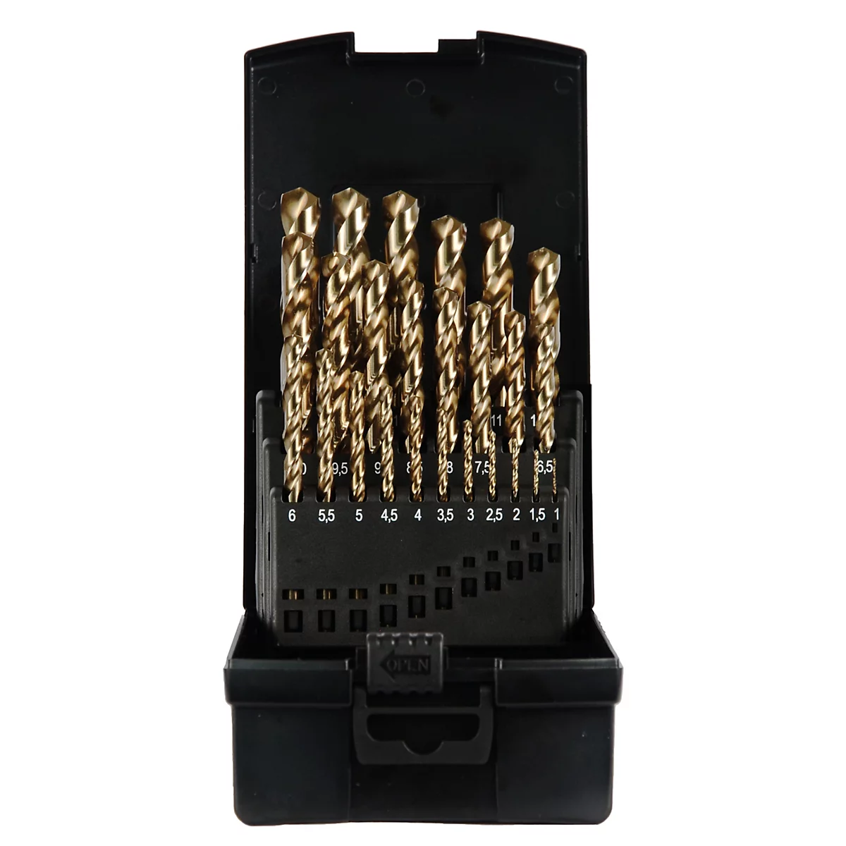 Jeu de mèches dans un étui noir. Des mèches de couleur or de différentes tailles sont visibles.