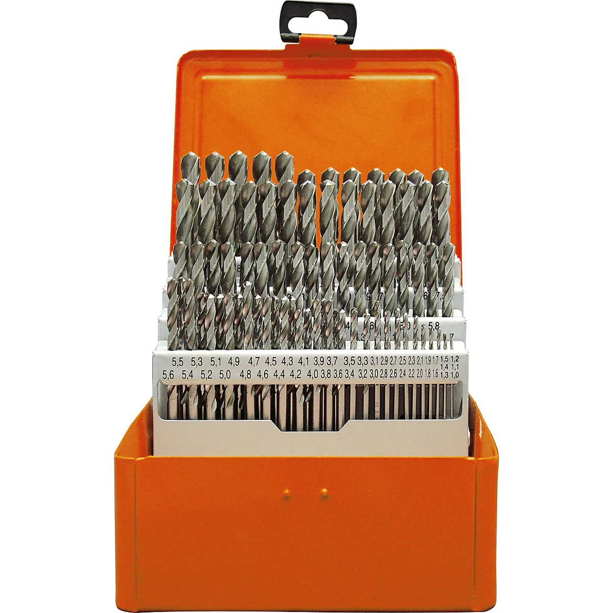 Coffret de forets orange contenant de nombreux forets. Étiquetage des tailles de forets.