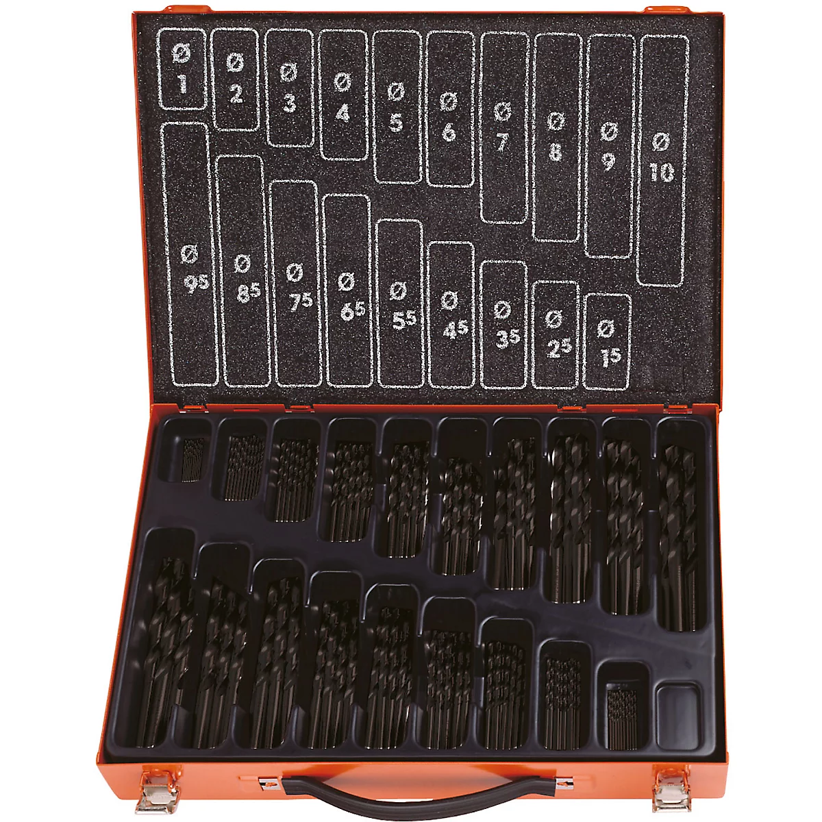 Une mallette à outils orange ouverte avec plusieurs mèches, triées par diamètre et taille.