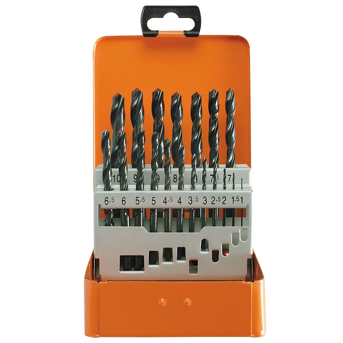 Jeu de mèches dans une boîte orange. Différentes tailles sont disposées en rang, avec des chiffres pour la détermination de la taille.