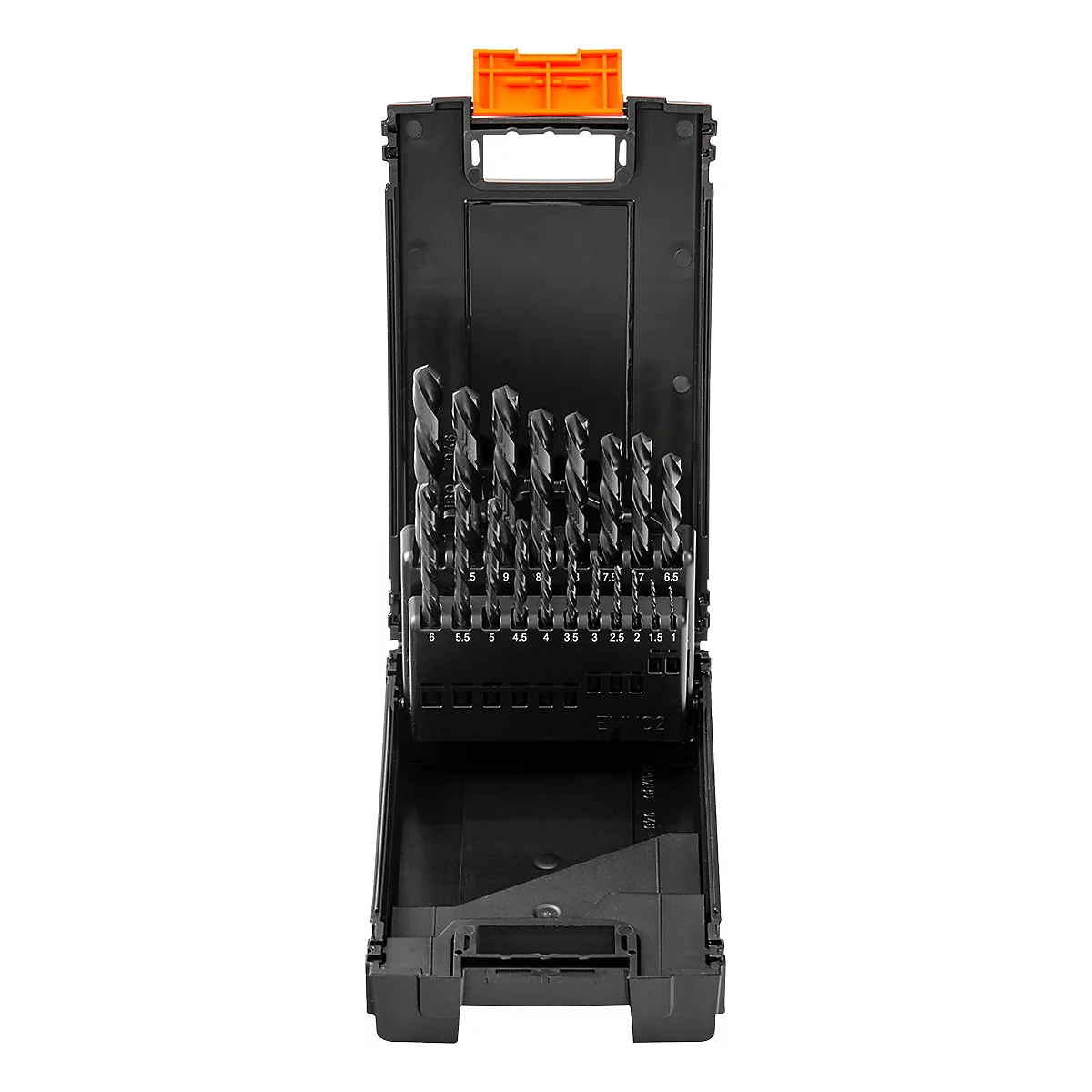 Mallette de forets noire avec fermeture orange. Divers forets sont à l'intérieur.