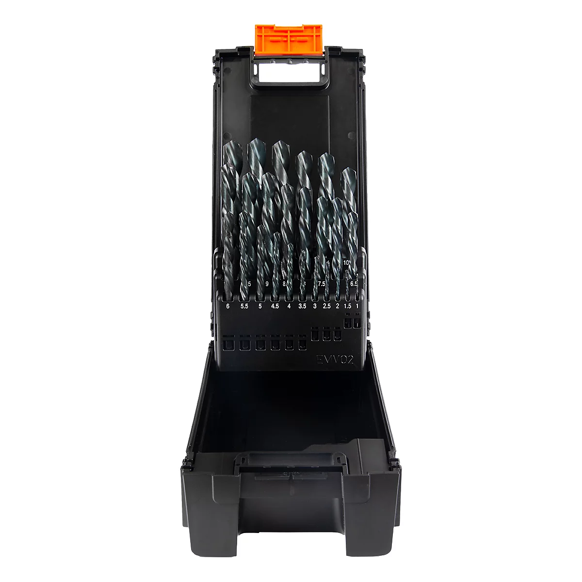 Ensemble de mèches noires dans une boîte ouverte avec une poignée orange. Les mèches sont disposées et étiquetées.