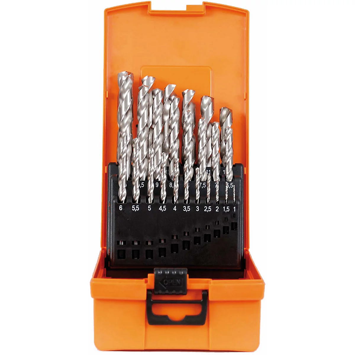 Jeu de mèches dans une boîte orange. Les mèches sont disposées dans un support en plastique noir.