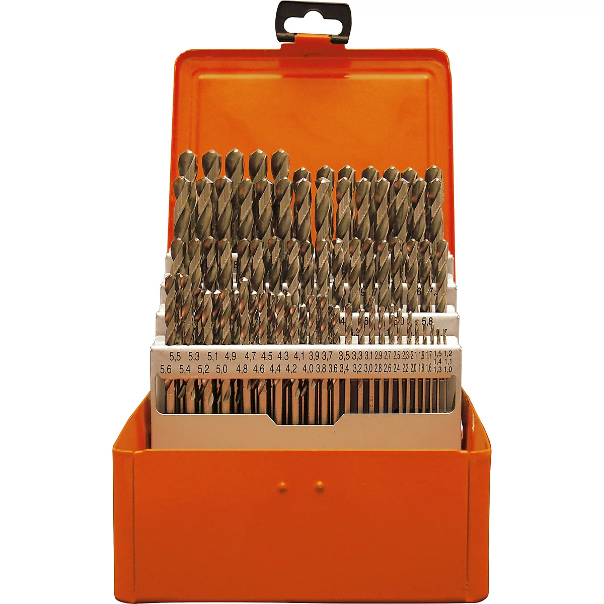 Boîte de perceuse orange remplie de forets. Étiquetée avec des détails de taille.