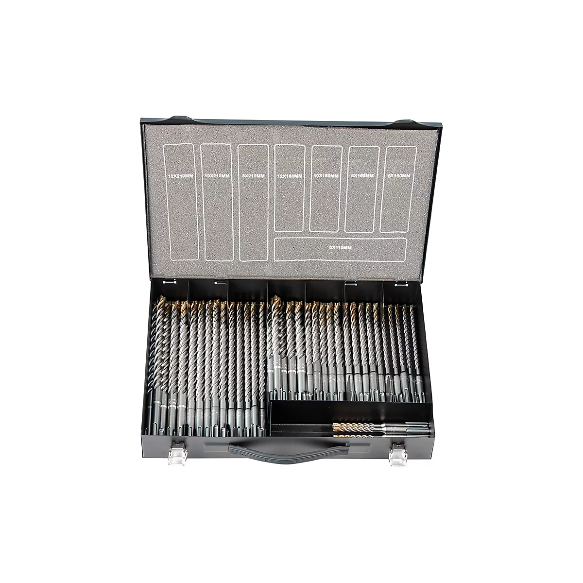 Jeu de mèches dans une mallette en métal noir, triées par taille. Inscription: 12x310mm, 10x210mm, 8x210mm, 12x160mm, 10x160mm, 8x160mm, 6x160mm, 6x110mm.