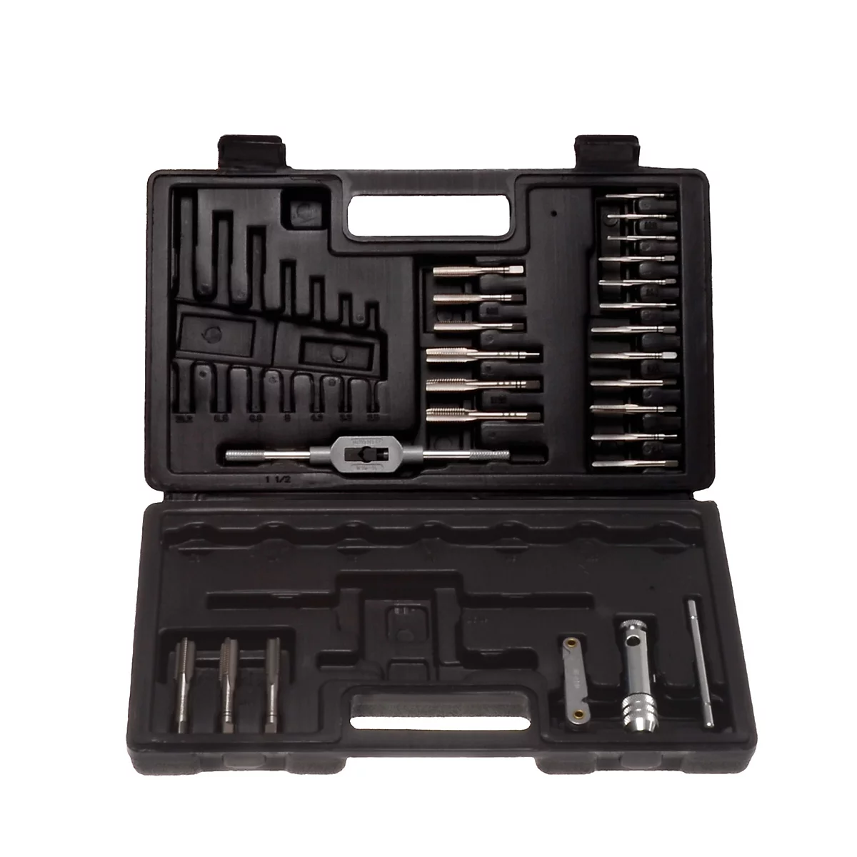 Boîte à outils noire avec de nombreux tarauds et accessoires, ouverte.