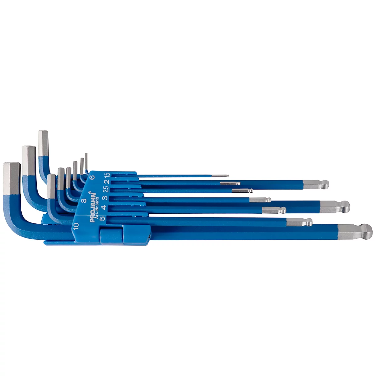 Set of blue Allen wrenches with silver tips and ball ends.