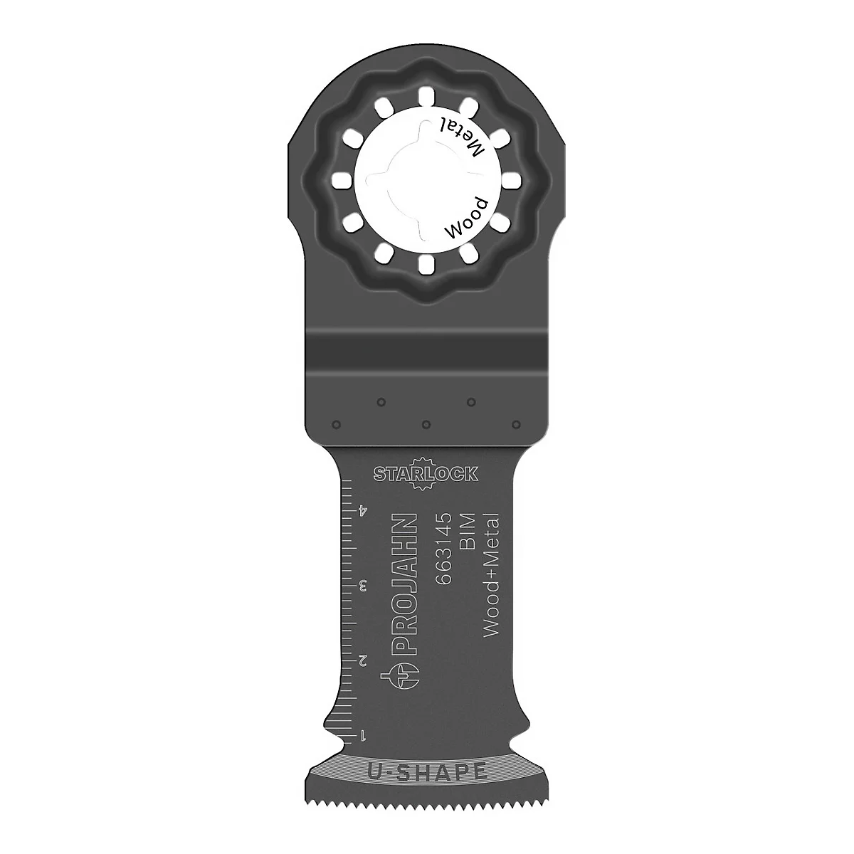 Lame de scie pour métal et bois avec trous ronds et lettrage, dont "Wood+Metal" et "U-Shape".