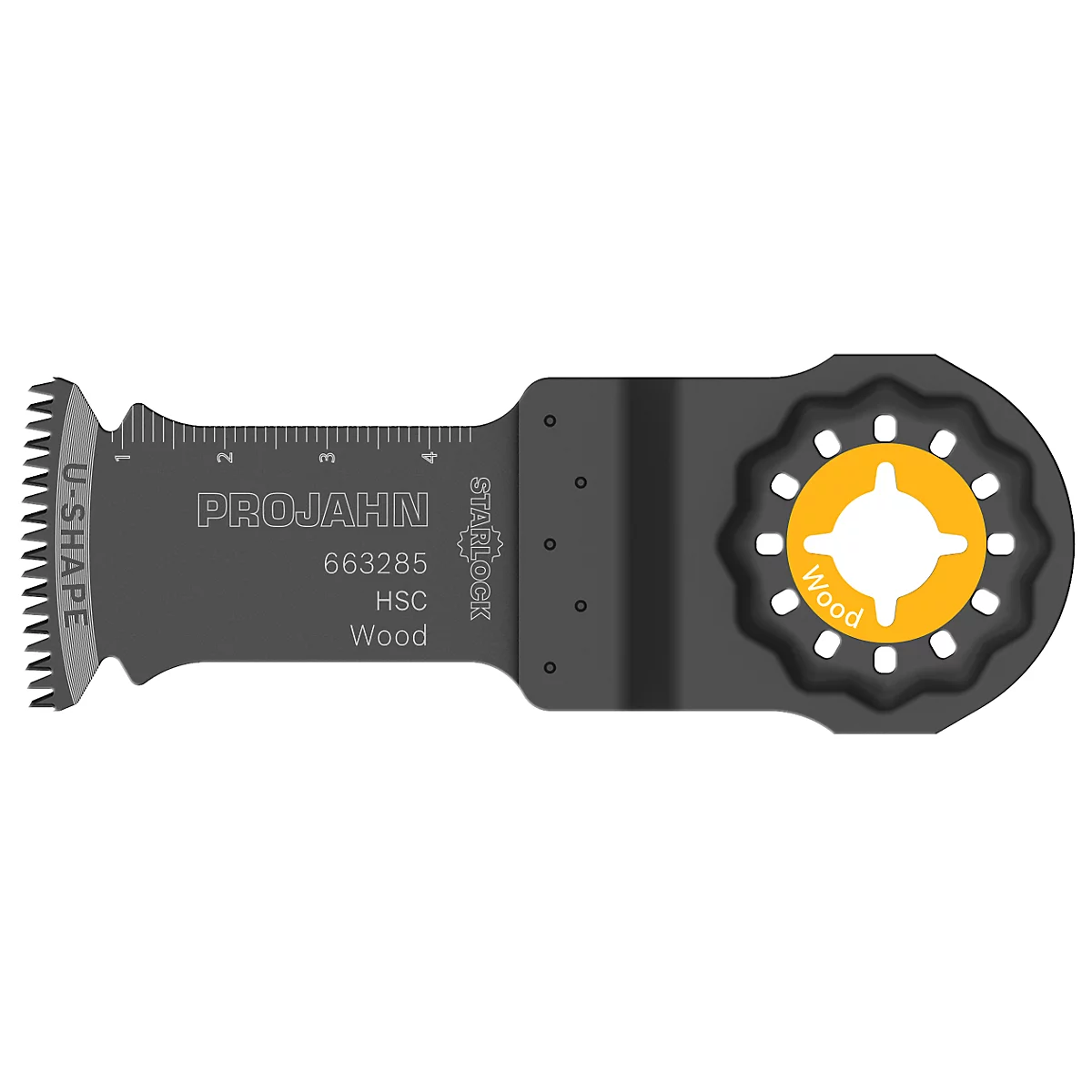 Lame de scie en métal. Couleur grise avec centre jaune et texte : PROJAHN, Wood, 663285.