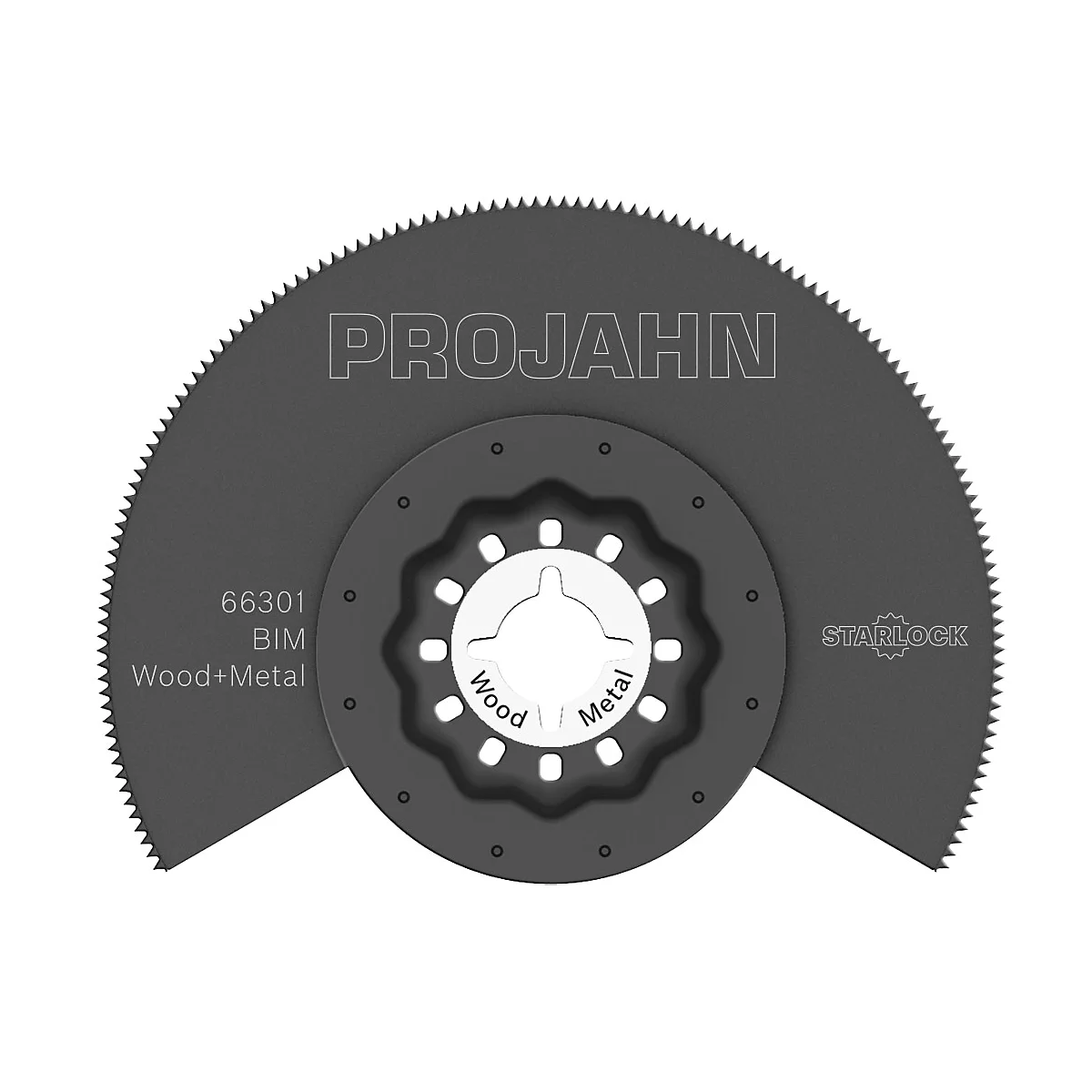 Lame de scie circulaire de Projahn. Semi-circulaire, dentée, grise. Inscription "PROJAHN", "STARLOCK" et détails.