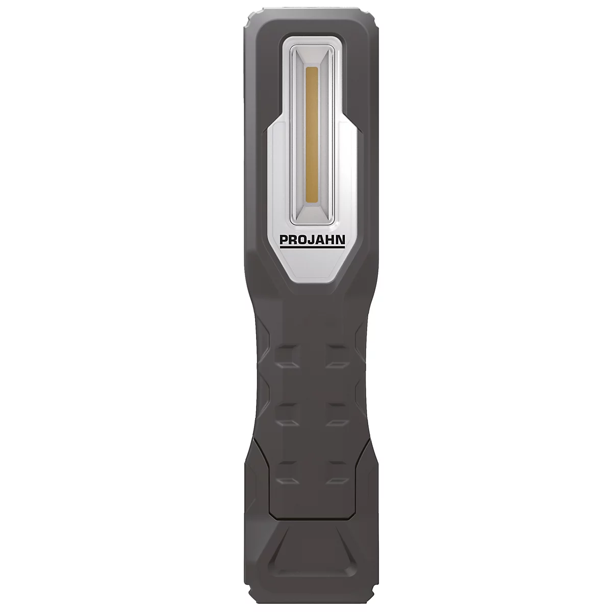 Donkergrijze LED-werklamp met zilveren accenten en het opschrift "PROJAHN".